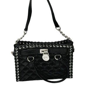 Michael Kors Hamilton Hippie Grommet Quilted Tote Black & Silver 12.5 x 9